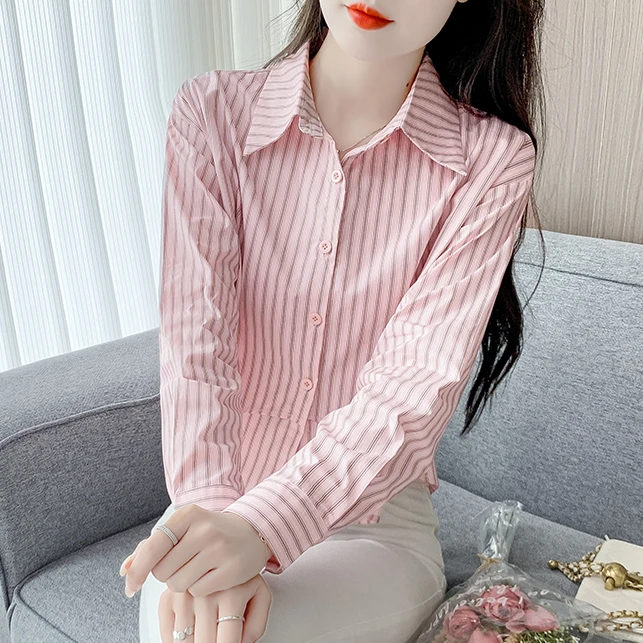 春秋季新款时尚拼接设计条纹棉布衬衫女2025气质显瘦宽松长袖衬衣