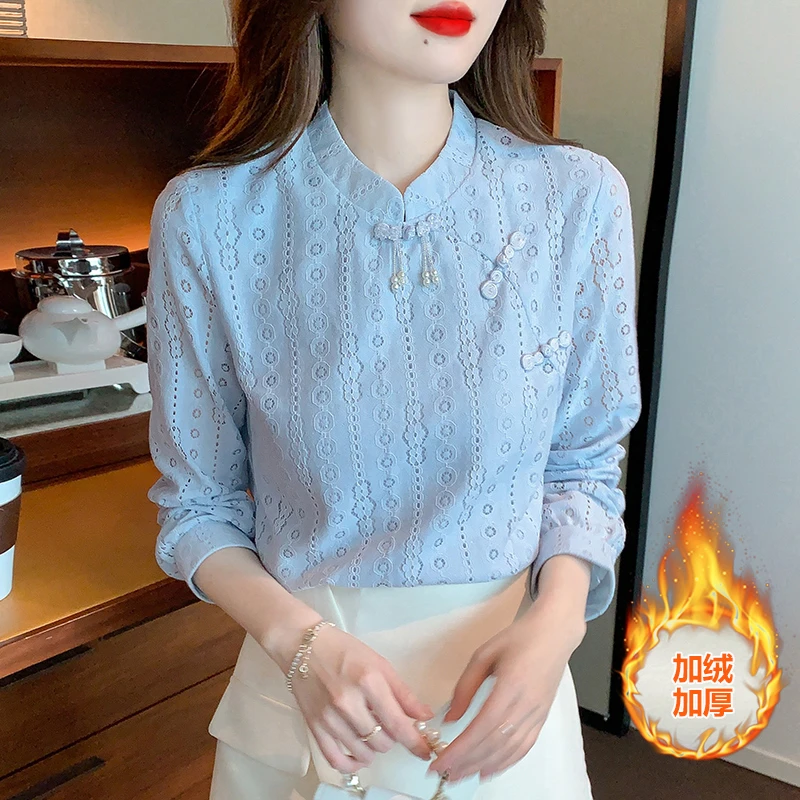 秋冬季2025新款时尚中式旗袍改良立领女士衬衣气质减龄长袖打底衫