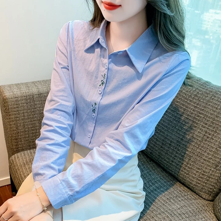 2025年春秋季女装新款Polo领刺绣棉布衬衫女气质减龄百搭长袖衬衣