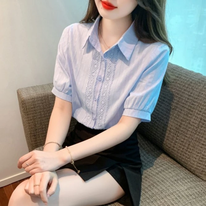 2025夏季女装新款时尚小众设计感棉布衬衫女洋气减龄薄款短袖上衣