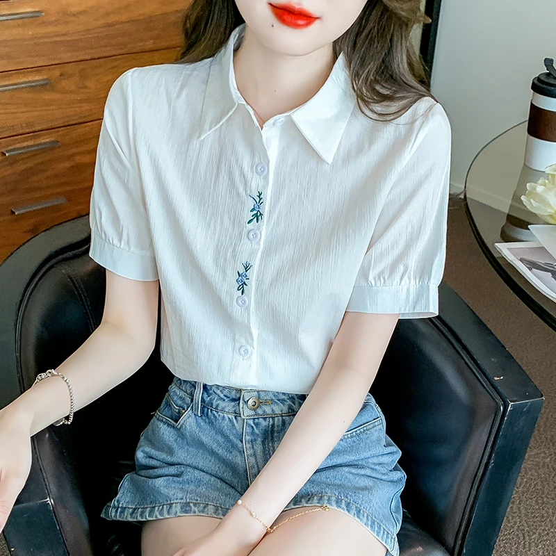 2025年夏季女装新款时尚刺绣棉布衬衫女洋气减龄Polo领女士打底衫