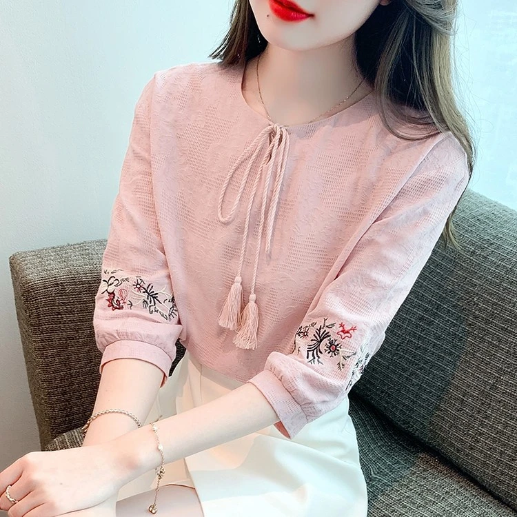 2025年夏季女装新款时尚复古提花棉布女士衬衫洋气减龄七分袖衬衣