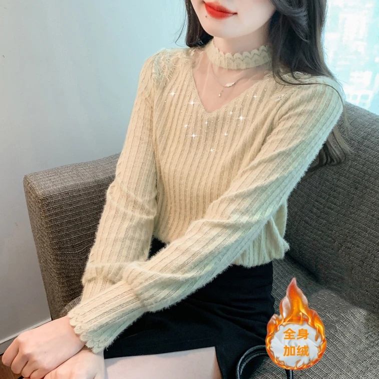 秋冬季新款法式设计加绒加厚蕾丝小衫女2024年气质减龄长袖打底衫