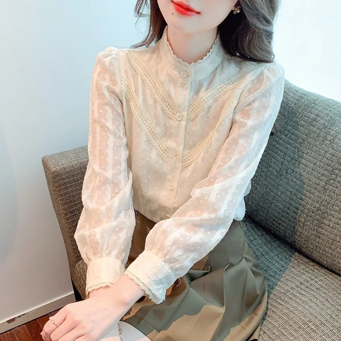 2024年春秋装新款气质立领花边蕾丝女士衬衫洋气复古长袖打底衬衣