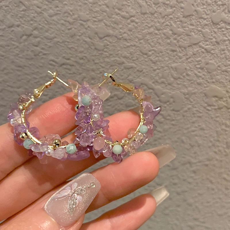 SHOWDIGU 铜合金仿水晶耳饰 超仙淡紫碎冰耳环气质温柔高级感耳钉