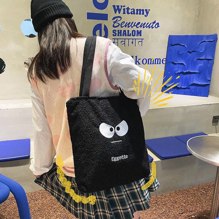 秋冬毛绒刺绣小怪兽单肩包愤怒大嘴怪手拎袋学生搞怪嘟嘴少女背包