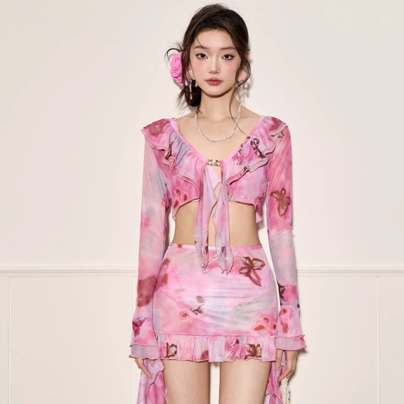 breeze holiday蕾丝显瘦长袖短款保守纯欲温泉碎花泳衣