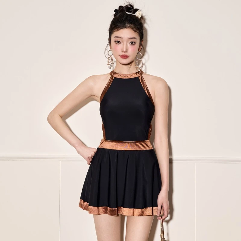 breeze holiday显瘦遮肚夏季无袖黑色保守裙式连体泳衣