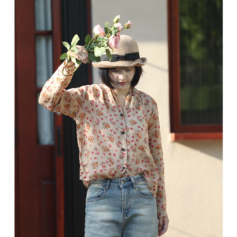 澳希美春季新款女装碎花v领长袖优雅长袖衬衫轻奢高端气质款上衣