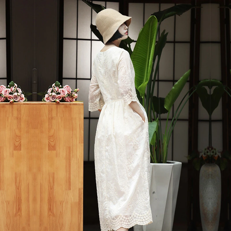 澳希美2024年秋季新款提花纯棉连衣裙文艺复古长裙