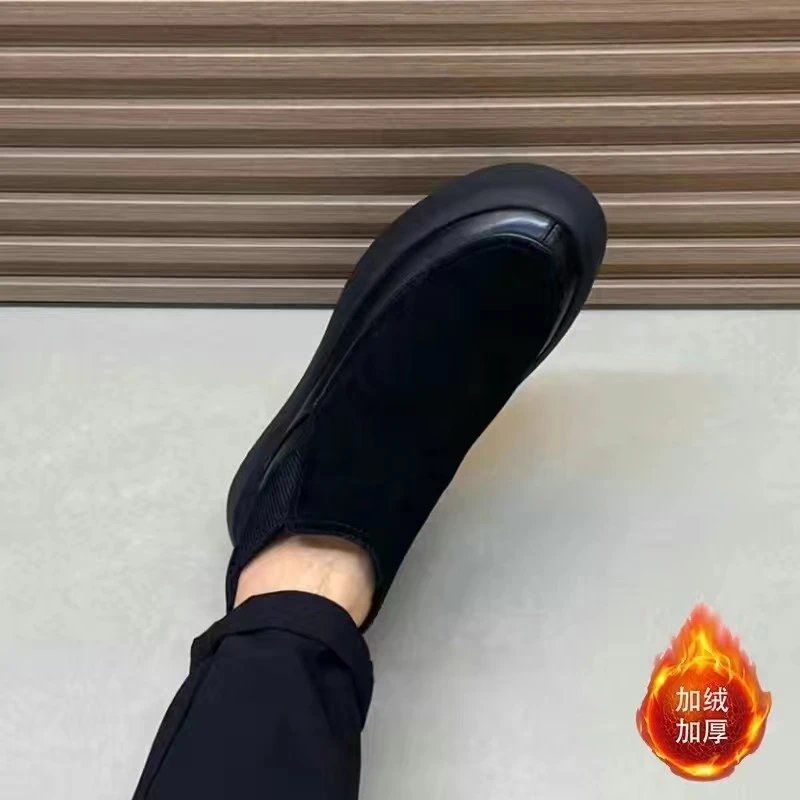 欧洲站光面磨砂皮高帮豆豆棉鞋短靴男加绒保暖黑色潮流商务休闲鞋