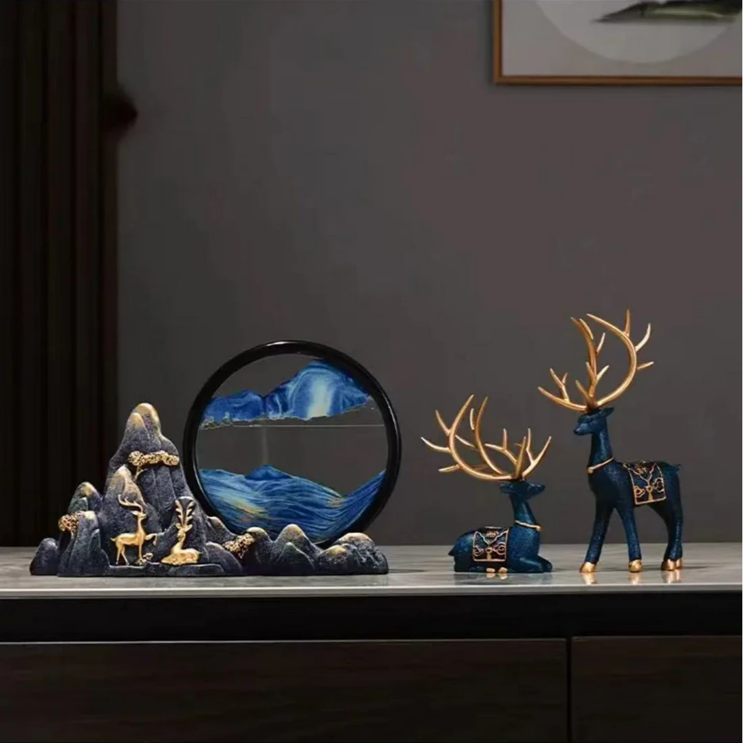 意境山水流沙画创意新中式轻奢鹿摆件电视柜客厅酒柜装饰品情人节