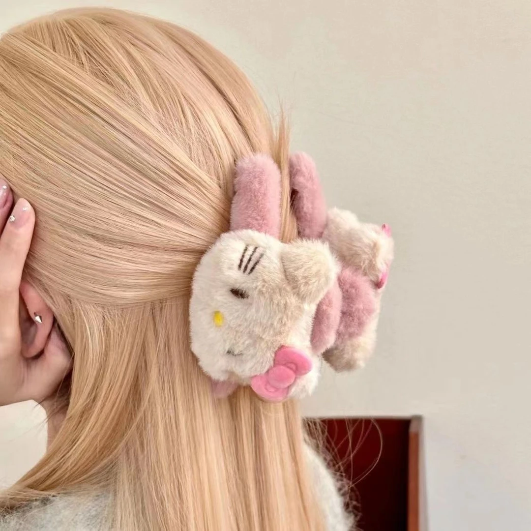 趣味可爱凯蒂猫毛绒抓夹双面kitty猫鲨鱼抓夹发卡独特漂亮抓夹