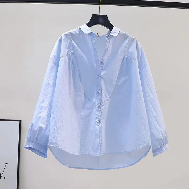 纯棉大码文艺范浅蓝色胖mm衬衣女长袖休闲衬衫秋季百搭气质上衣