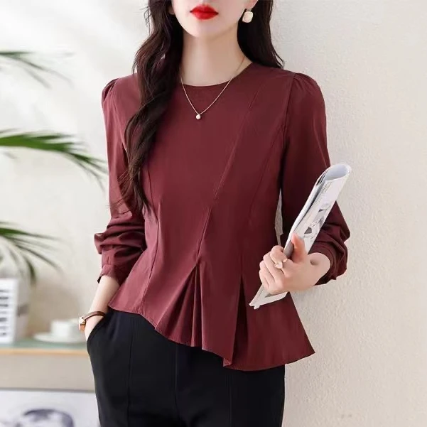 时尚圆领纯色法式荷叶下摆洋气百搭气质时尚减龄显瘦长袖小衫