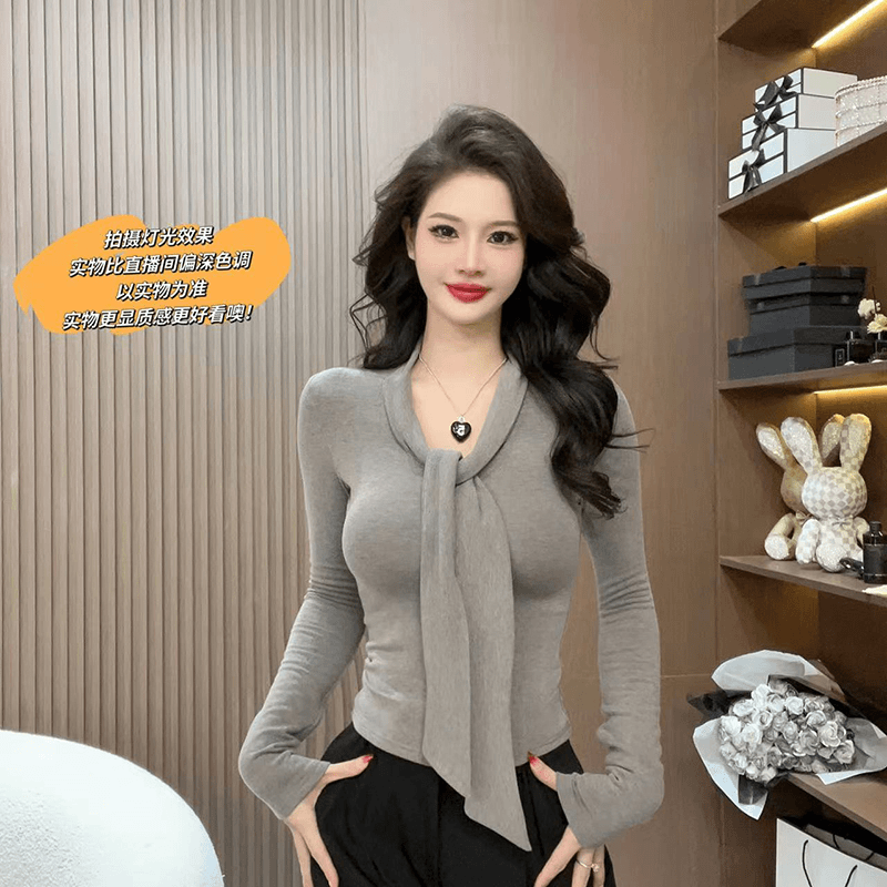 灰色纯欲性感辣妹长袖T恤女2024春秋季长档次打底衫内搭修身上衣
