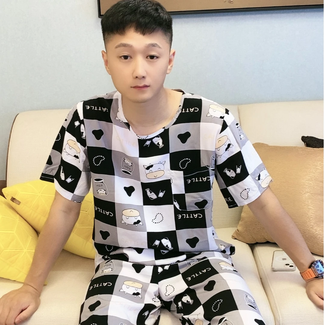 男士夏季休闲睡衣套装黑白家居服薄款印花圆领时尚棉绸常规短裤