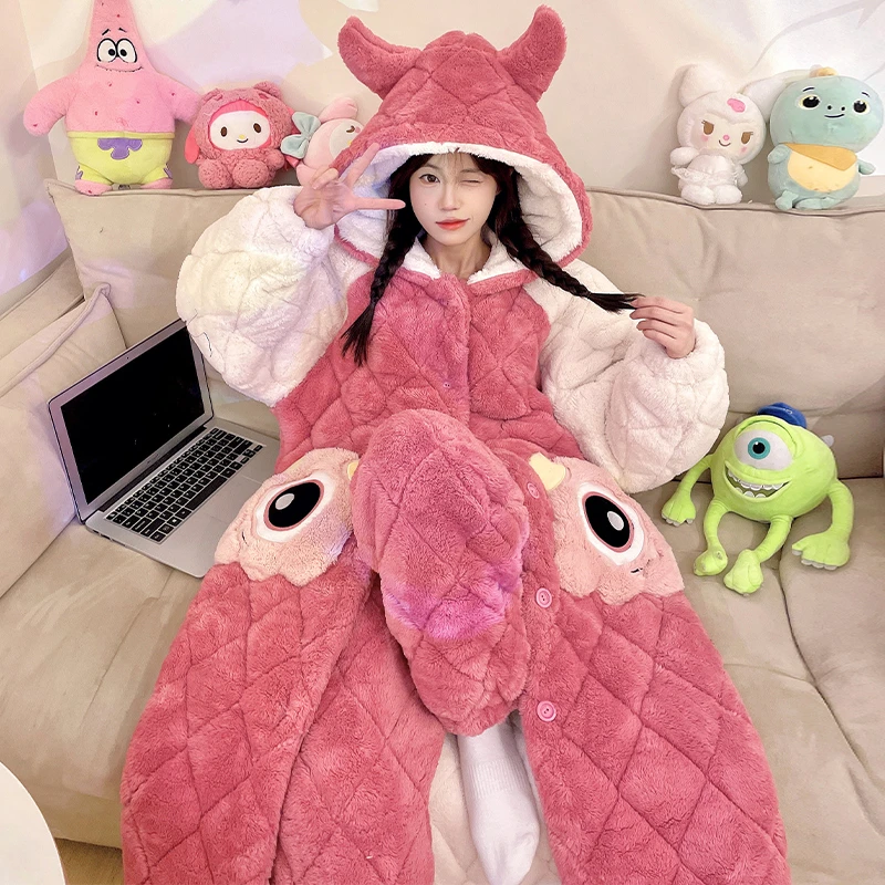 冬季睡袍女士雪花绒加厚加绒甜美套装三层夹棉保暖可外穿家居服