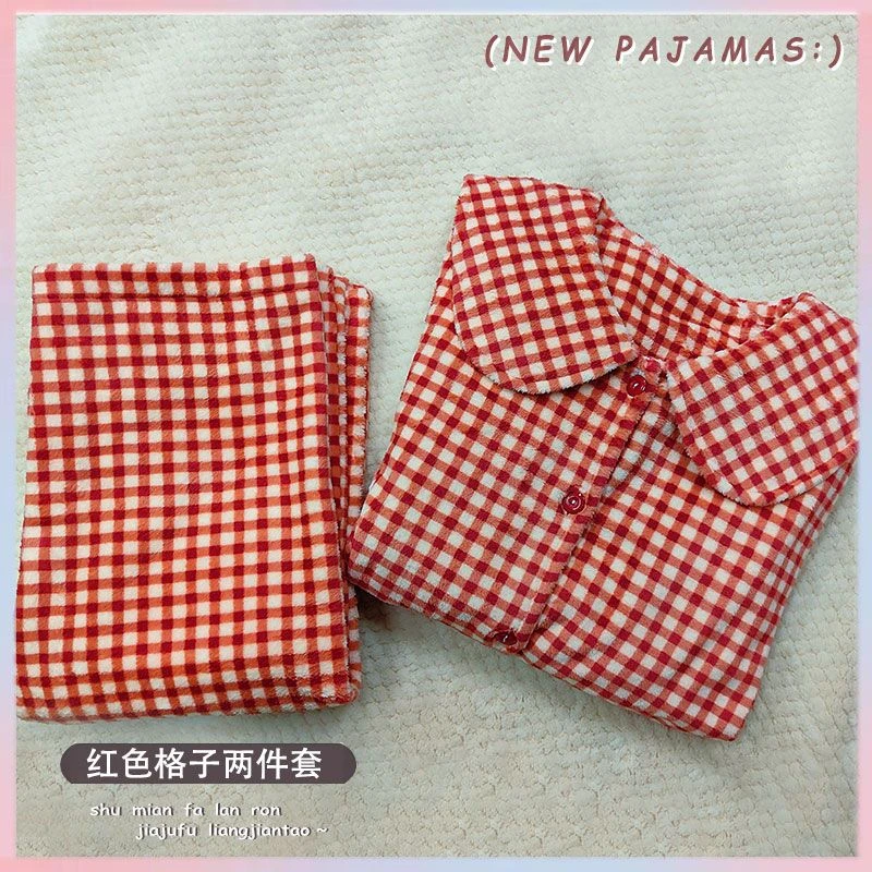 【红色格子】睡衣女秋冬季加绒加厚2024年保暖可外穿家居服套装