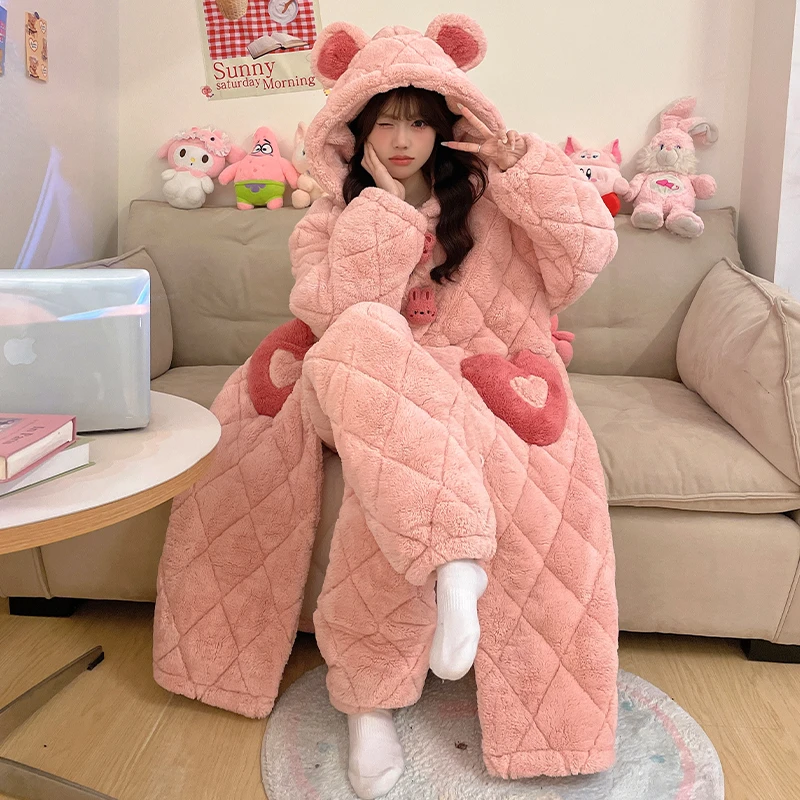 冬季女士睡袍三层夹棉保暖珊瑚绒加厚加绒秋冬冬天睡衣套装家居服