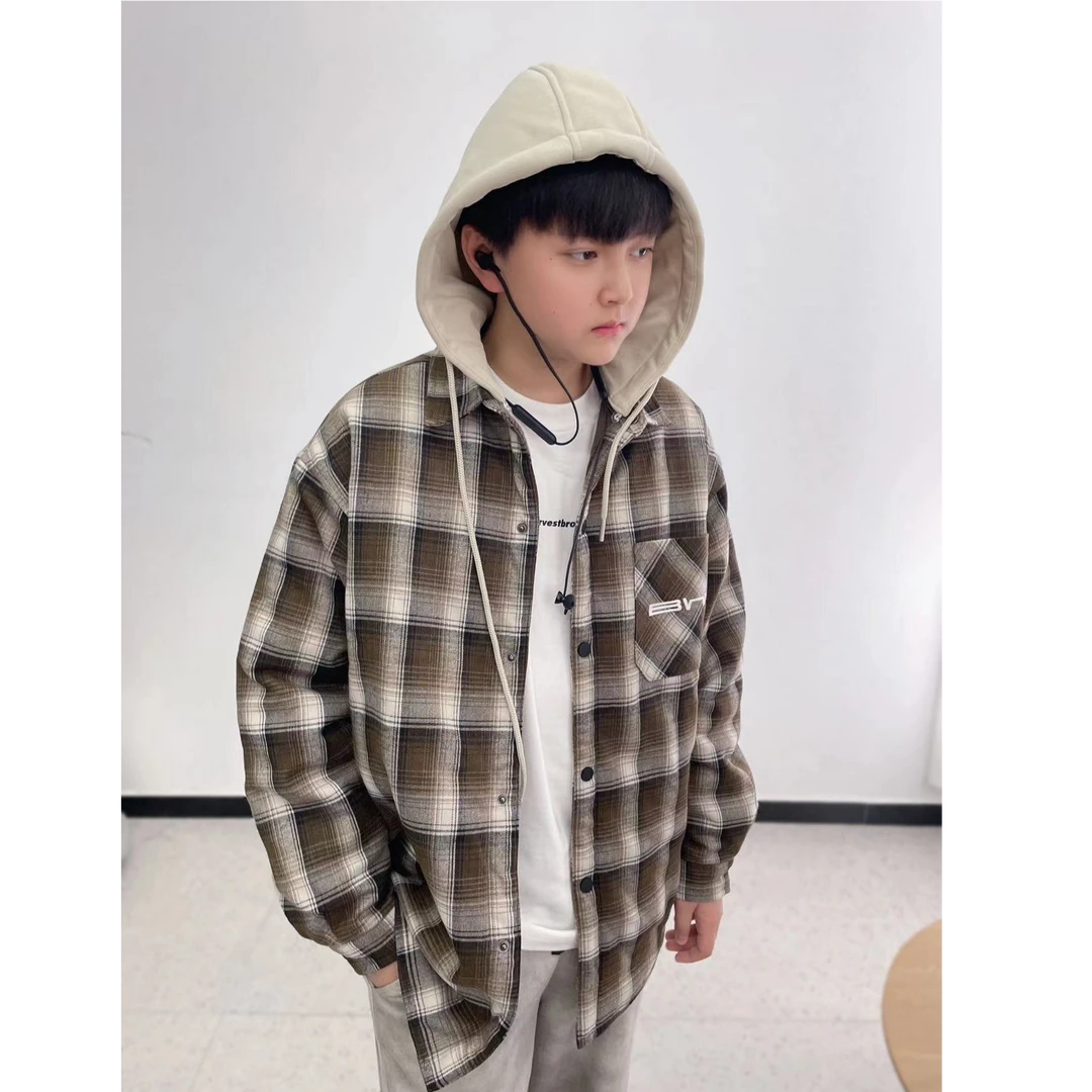 【徐潘多】2024儿童潮牌服装男童秋款加棉格子衬衫外套