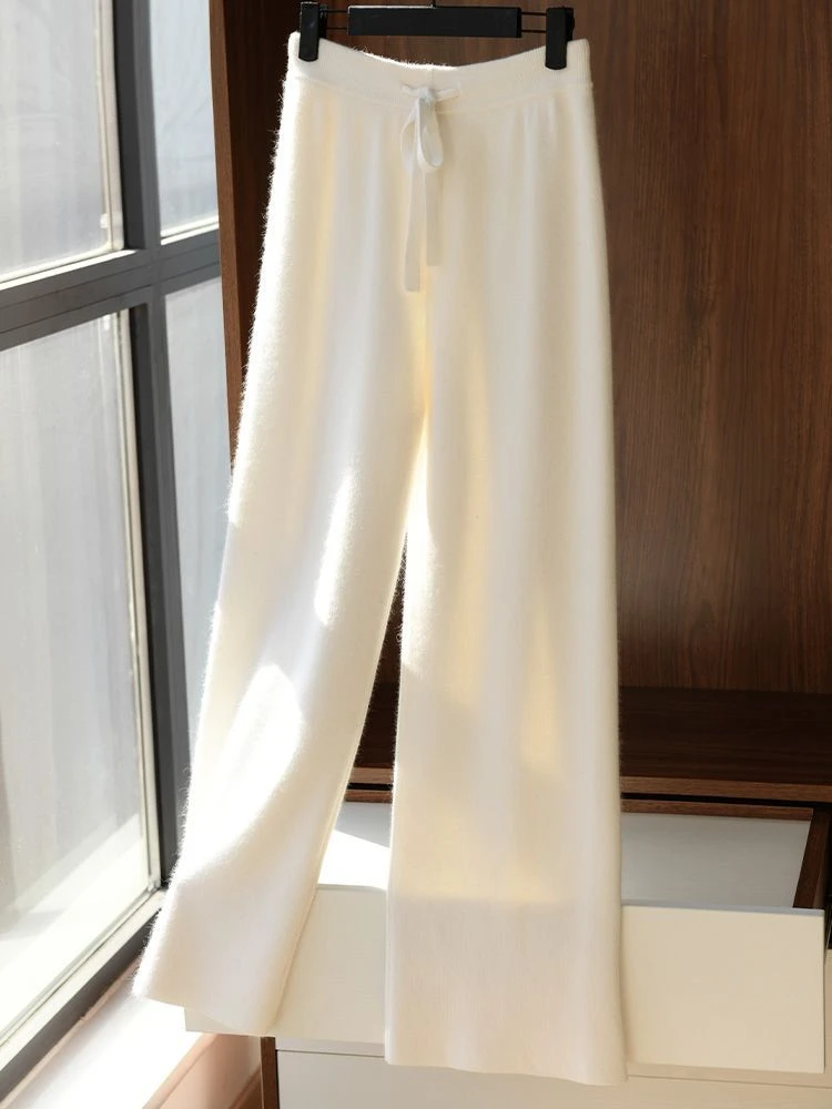 高端纯羊毛针织阔腿裤女秋冬垂坠感直筒加长拖地裤羊毛云朵休闲裤