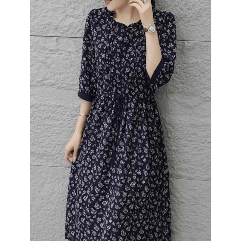 小玫瑰长袖 时尚休闲夏季法式收腰女装系带气质百搭连衣裙