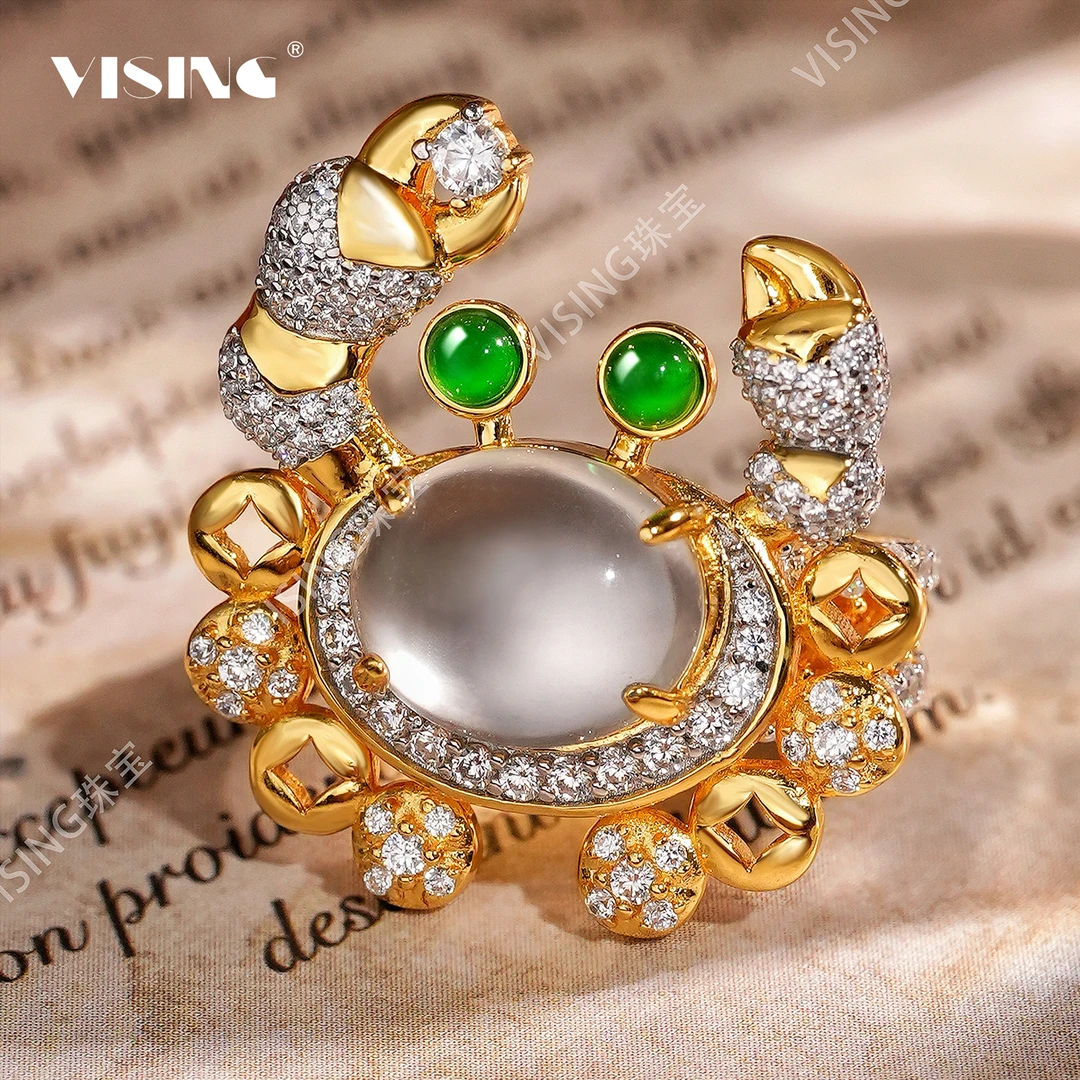 VISING天然石英质玉水沫八方来财螃蟹戒指手饰国风新中式饰品