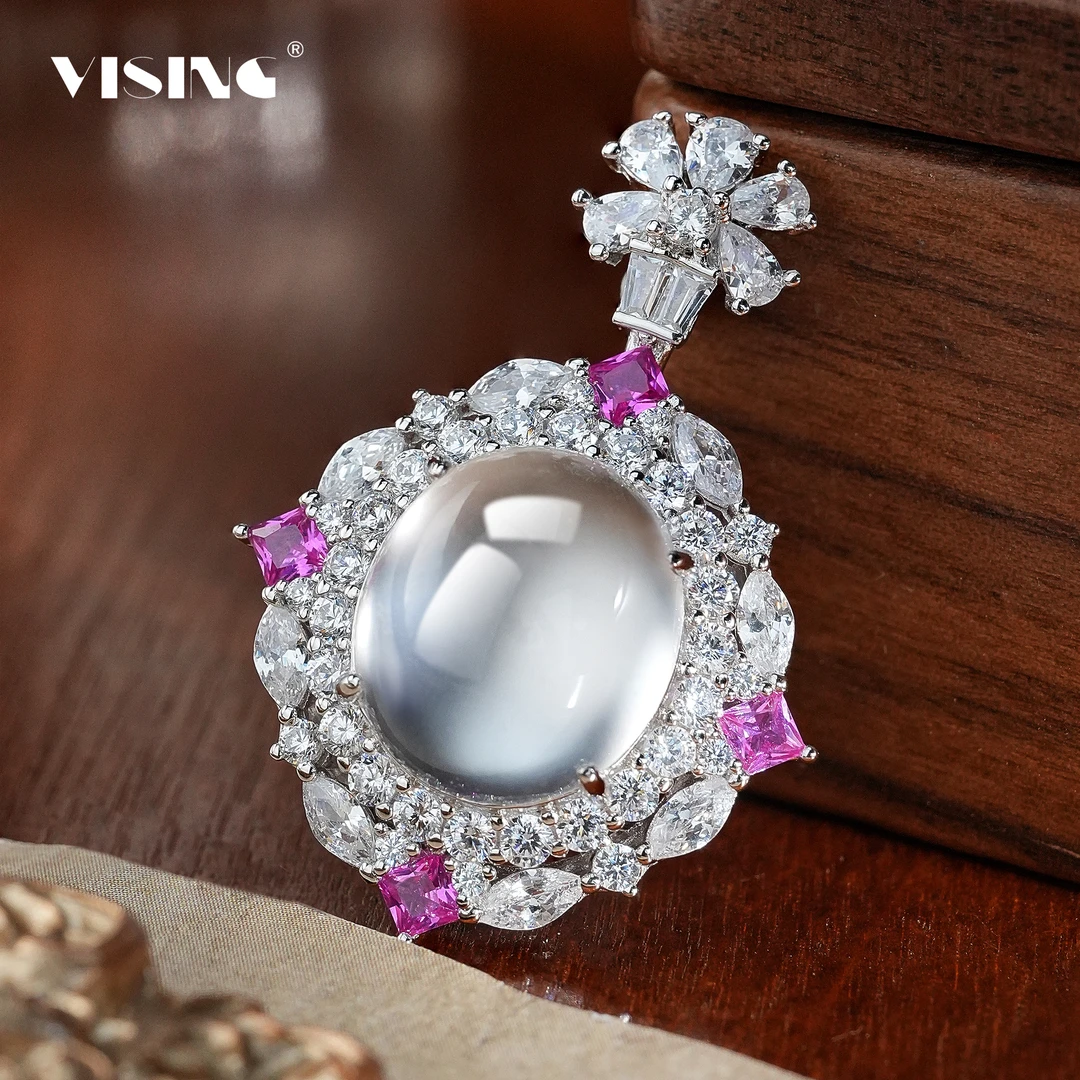 VISING天然石英质玉水沫粉钻鸽子蛋吊坠项链毛衣链国风新中式