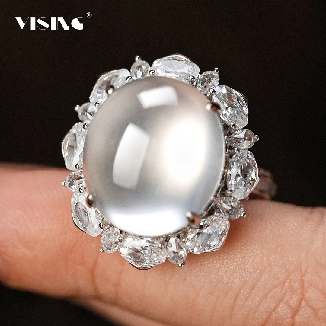 VISING天然石英质玉水沫鸽子蛋椭圆形蛋面白冰大蛋面太阳花戒指