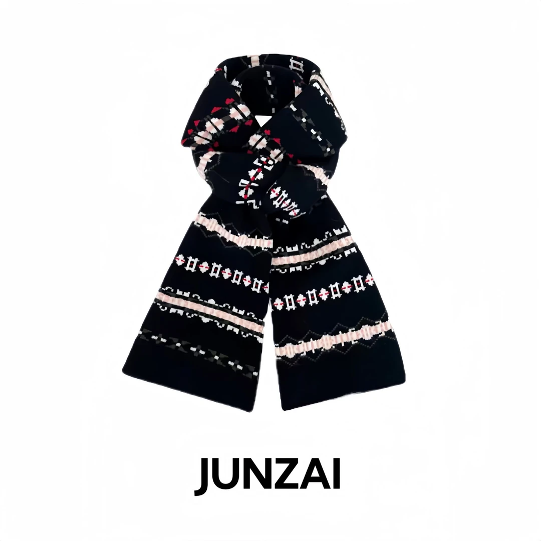 JUNZAI  冰岛风格小众提花条纹围巾女秋冬加厚保暖复古高级感