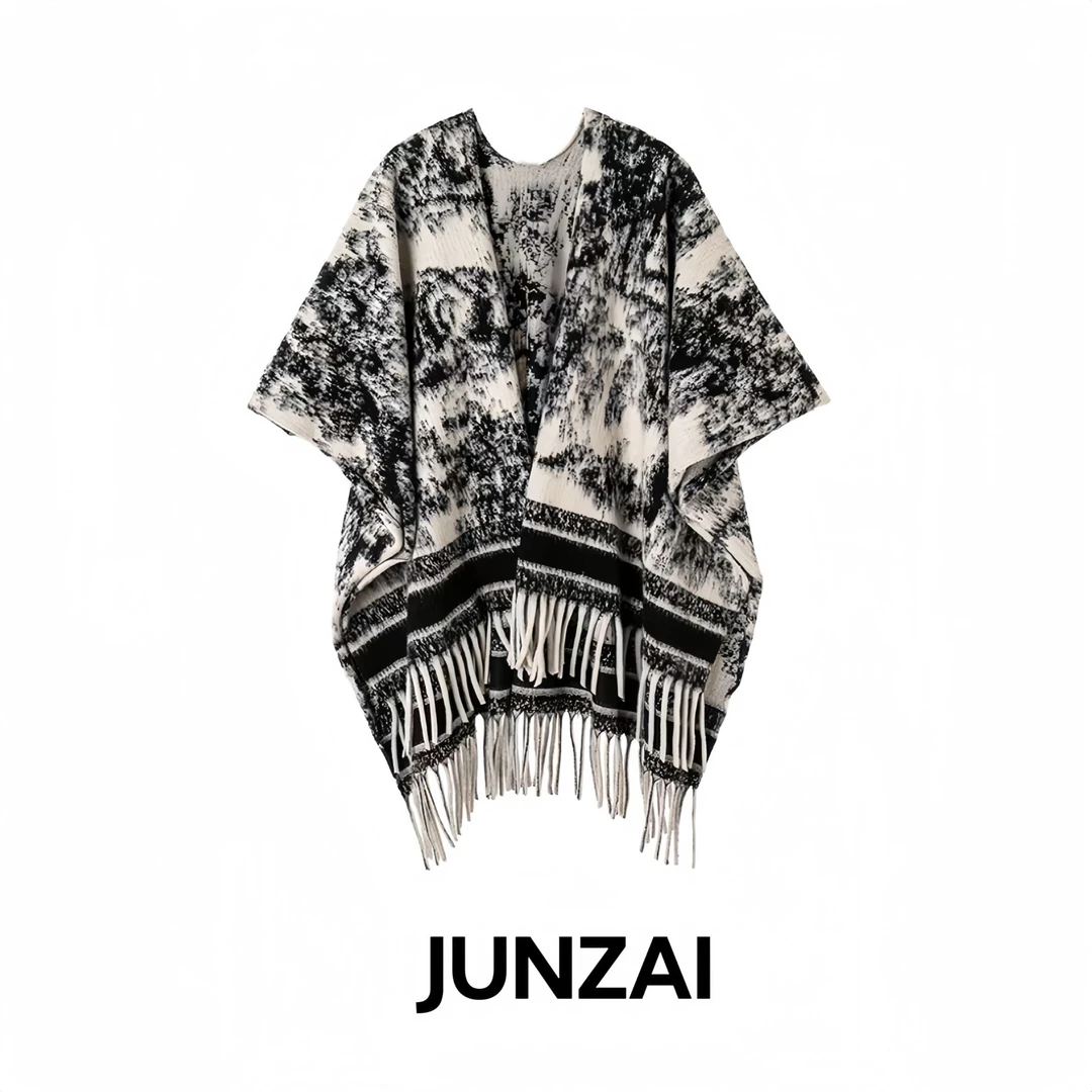 JUNZAI复古水墨画花纹流苏围巾女冬季高级感加厚保暖斗篷披肩