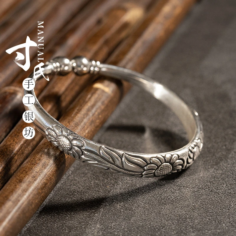 足银手镯 手工立体錾刻复古做旧立体圆柱水滴头太阳花手镯