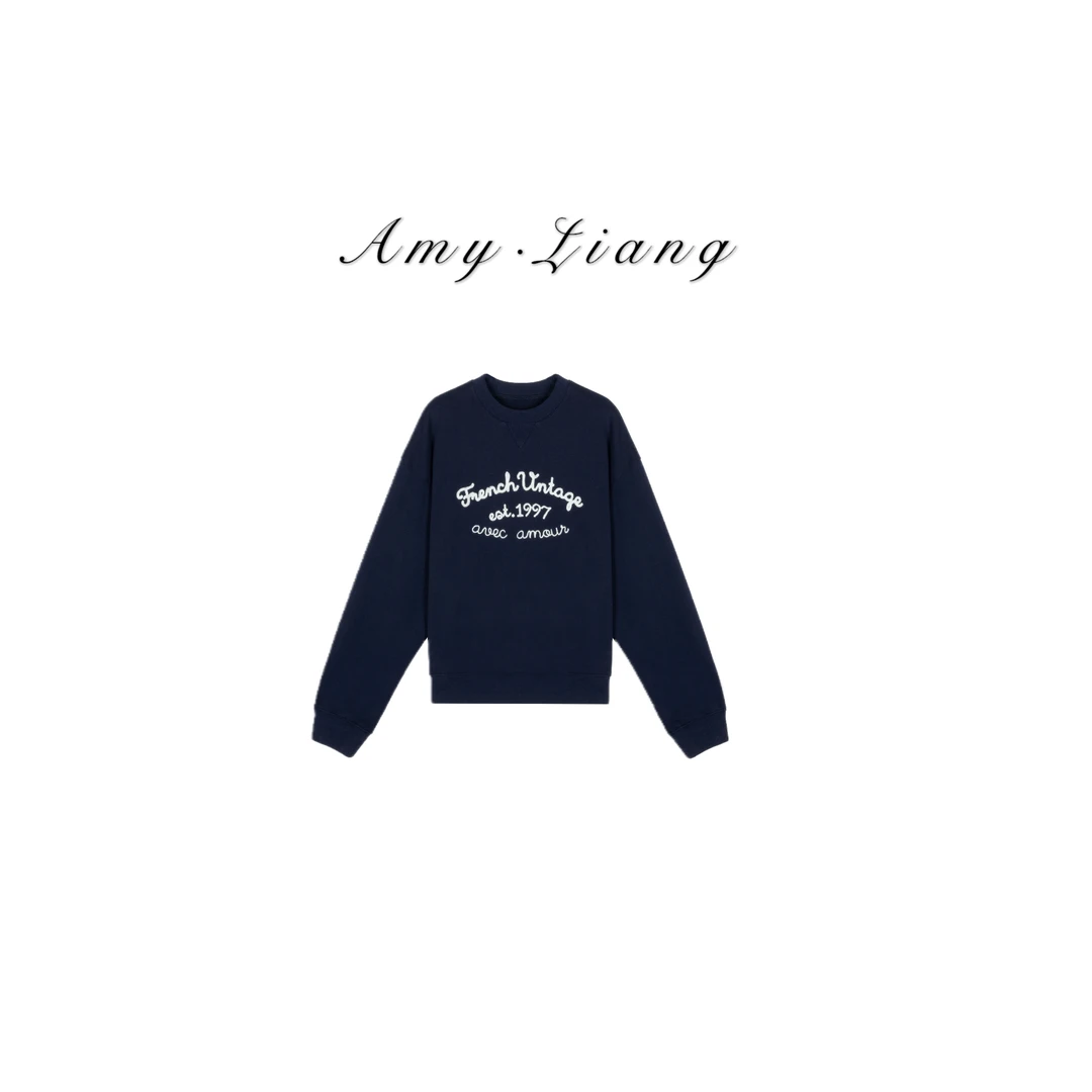 AmyLiang【深邃点缀】藏蓝色圆领休闲卫衣KZA3U0367