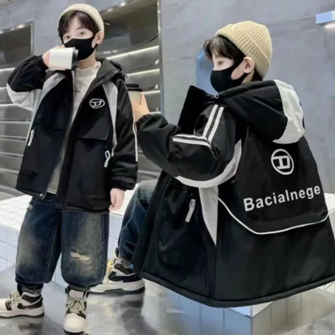 【拜年服加绒加厚冲锋衣】2024年冬季男女童加绒派克服透气棉服