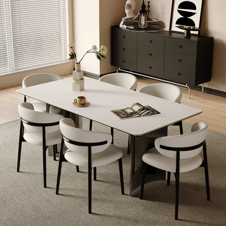 纯白岩板餐桌长方形轻奢现代简约家用客厅小户型不锈钢餐桌椅组合