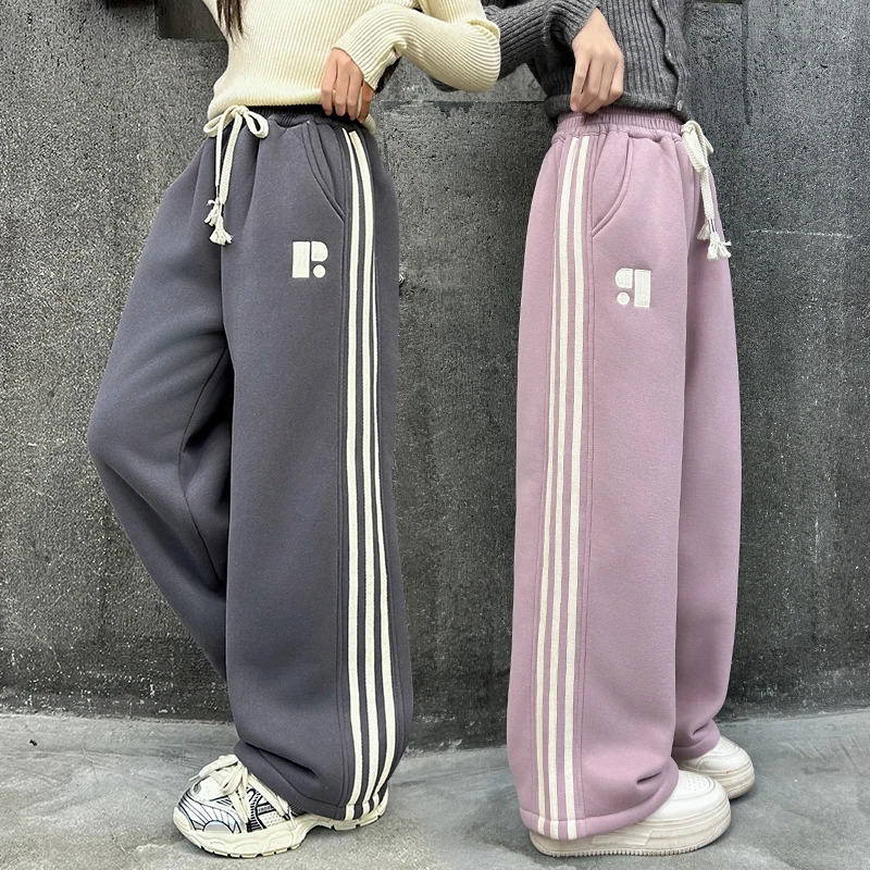 女童冬装裤子2025中大童加绒加厚一体绒阔腿裤6-12岁15岁保暖显瘦