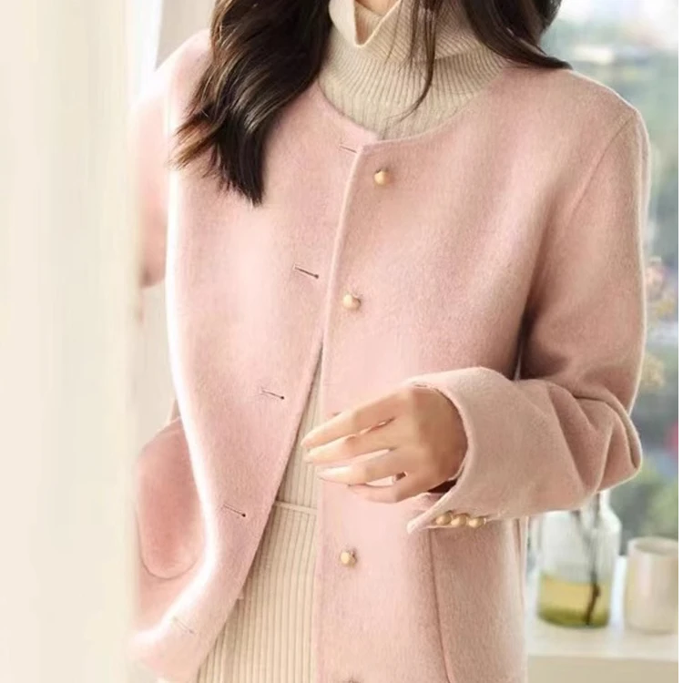 秋冬时尚小香风双面羊毛大衣女短款韩版新款圆领减龄羊毛呢外套