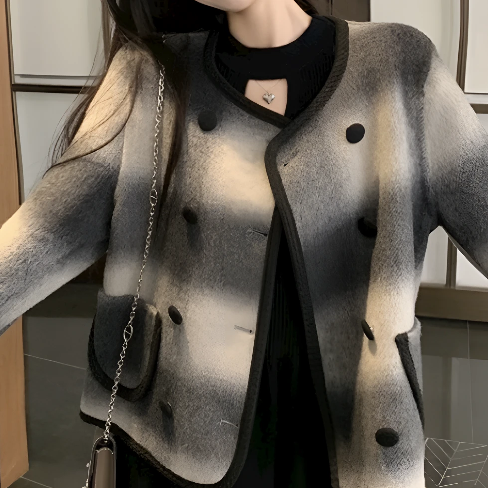 名媛小香风格子双面呢绵羊毛大衣女英伦风圆领双排秋冬短款外套