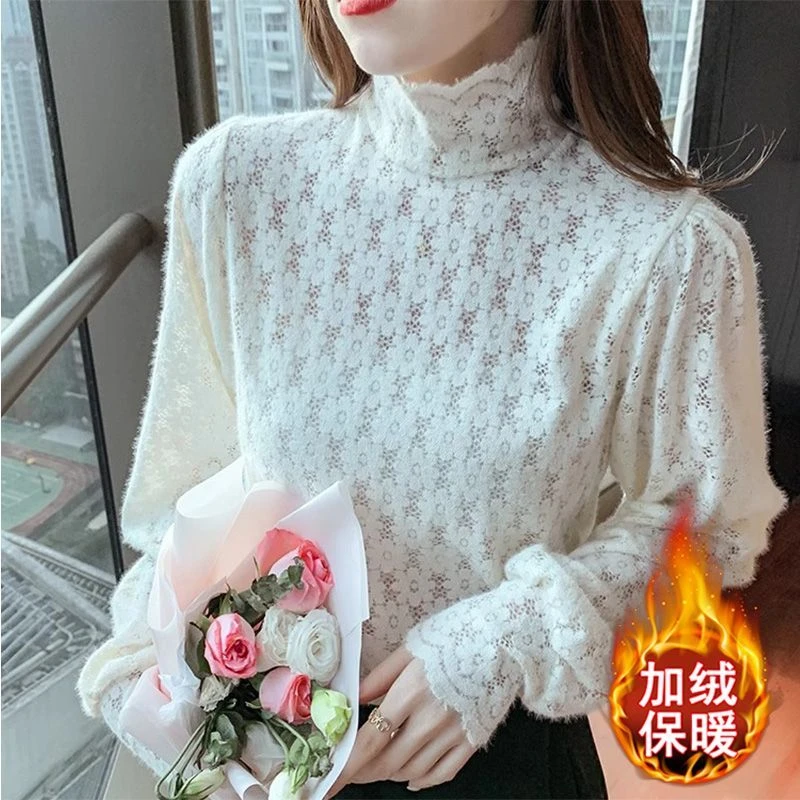 2024秋冬时尚洋气半高领磨毛加绒加厚灯笼袖上衣女蕾丝打底衫女