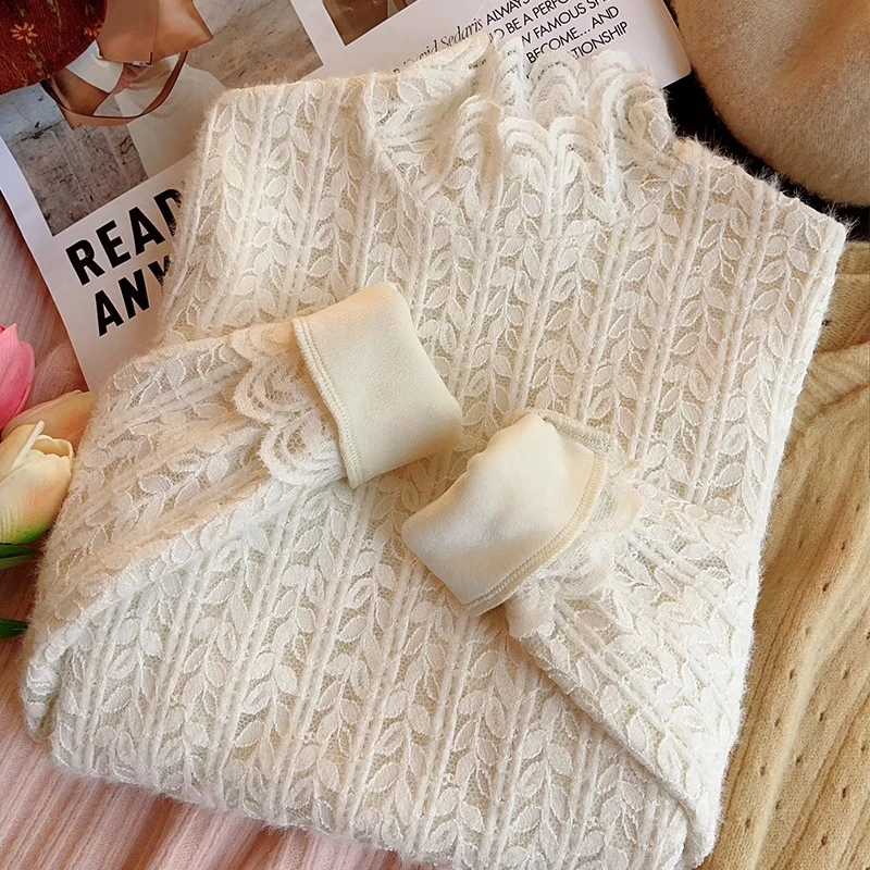 冬季蕾丝小衫长袖洋气时尚百搭上衣加绒半高领气质网红保暖打底衫