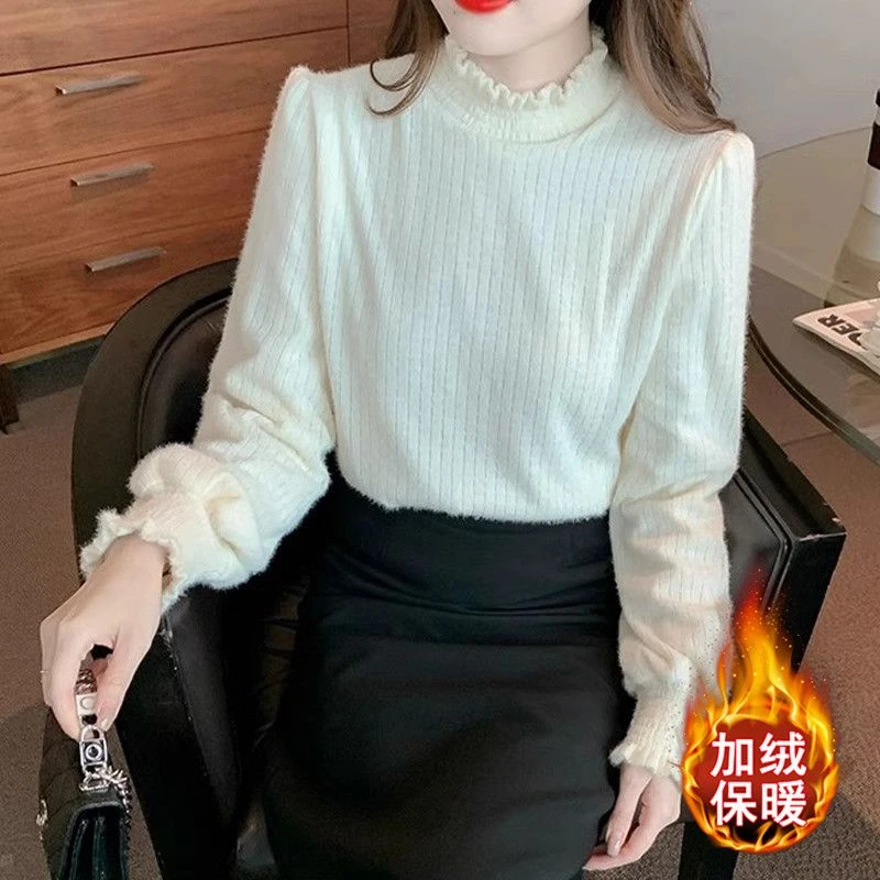 2024秋冬季新款时尚加绒半高领长袖蕾丝打底衫女显瘦百搭上衣小衫