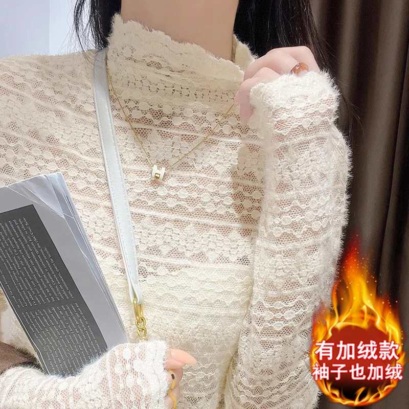 冬季内搭半高领蕾丝小衫洋气显瘦秋冬加绒保暖打底衫女士长袖上衣