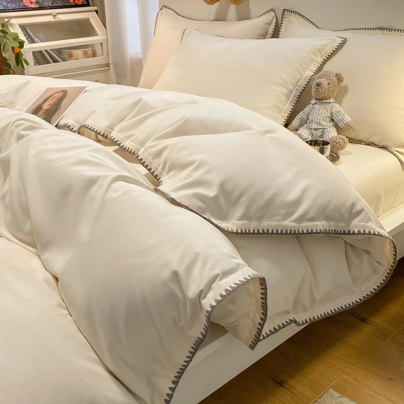 日系水洗磨毛四件套亲肤贝壳边简约纯色单双人宿舍三件套四季通用