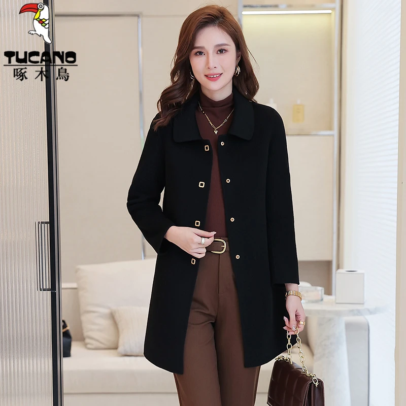 啄木鸟双面穿呢大衣女士秋冬2025新款气质中年妈妈小个子毛呢外套