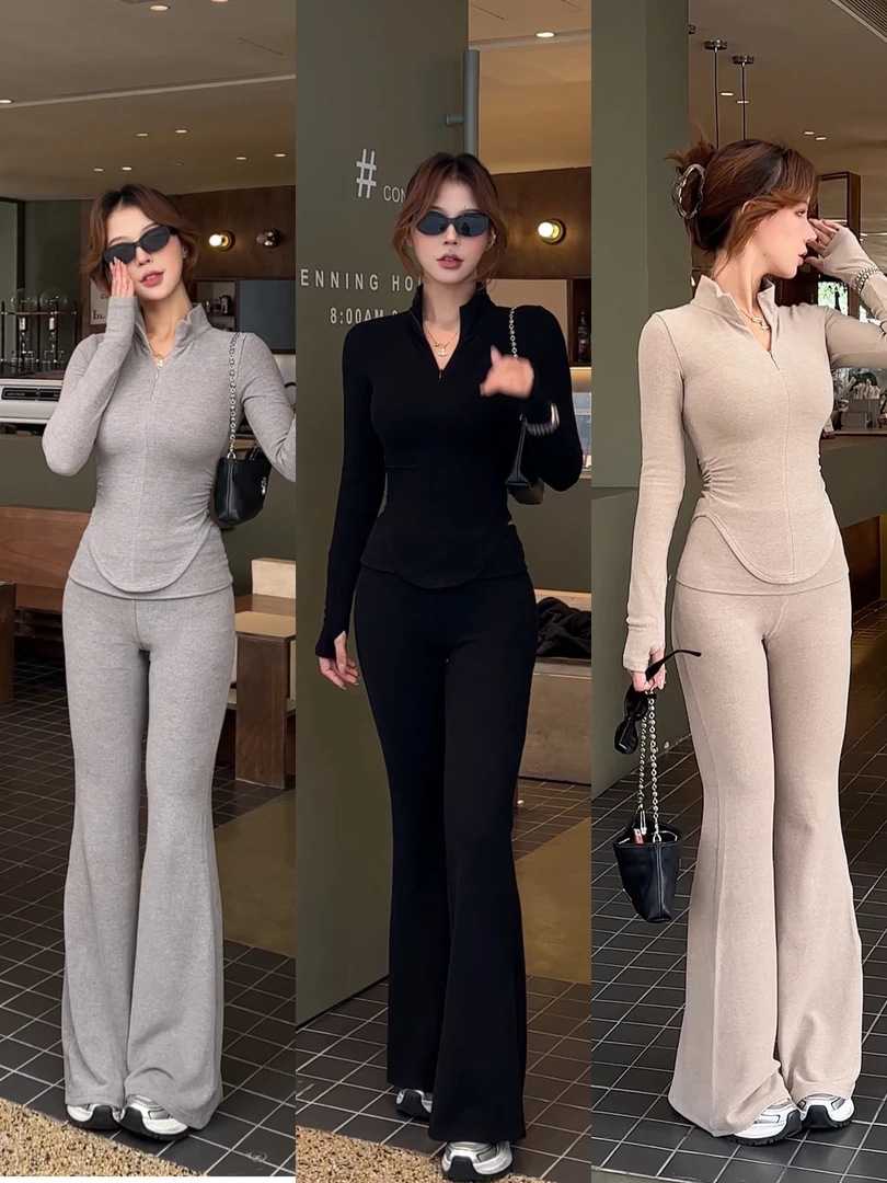 美式御姐秋冬高级感新款气质收腰紧身加绒短款上衣裤子运动两件套