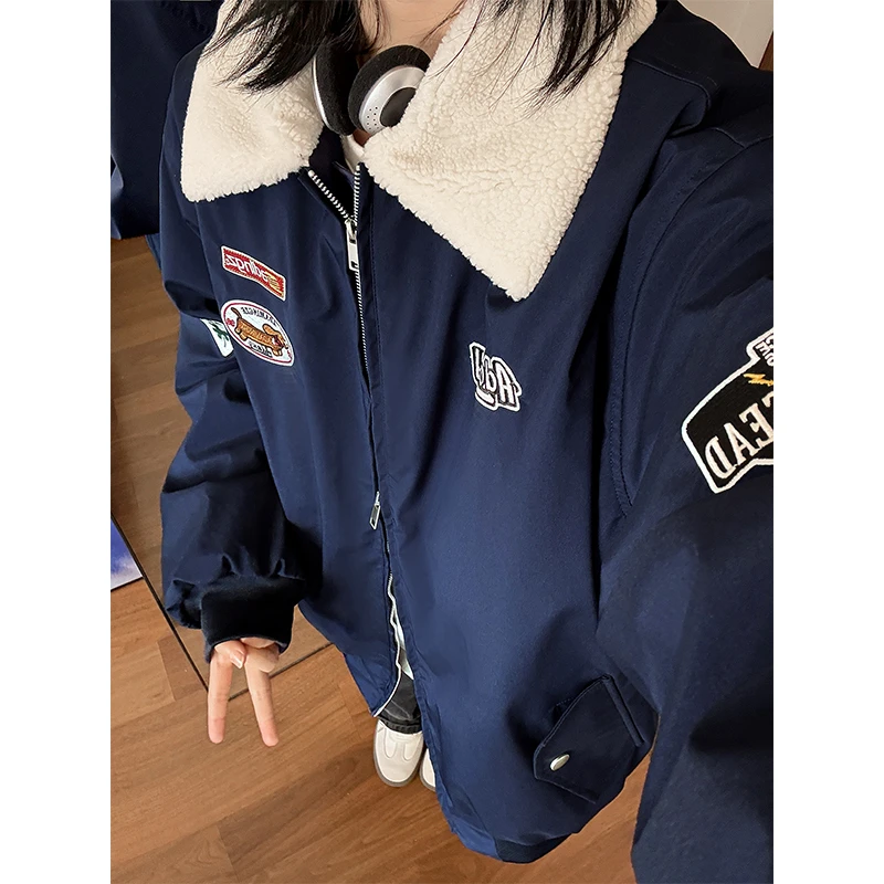 美式印花羊羔绒毛领保暖棉衣男秋季潮牌痞帅高级感飞行服夹克外套