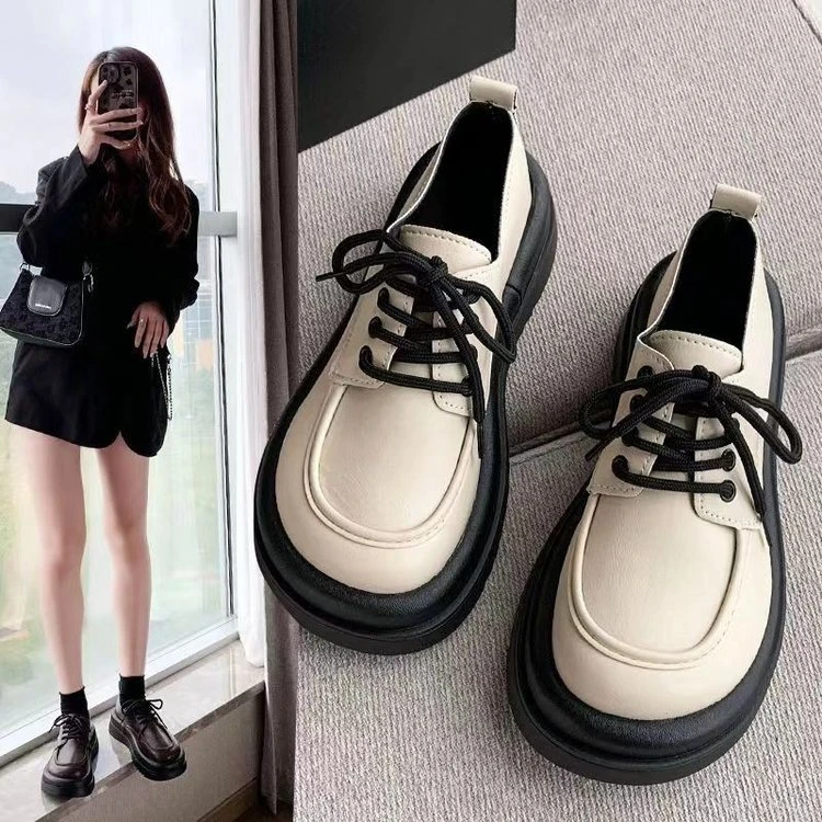 松糕厚底英伦风小皮鞋女2024春秋季新款白色圆头系带大头百搭单鞋
