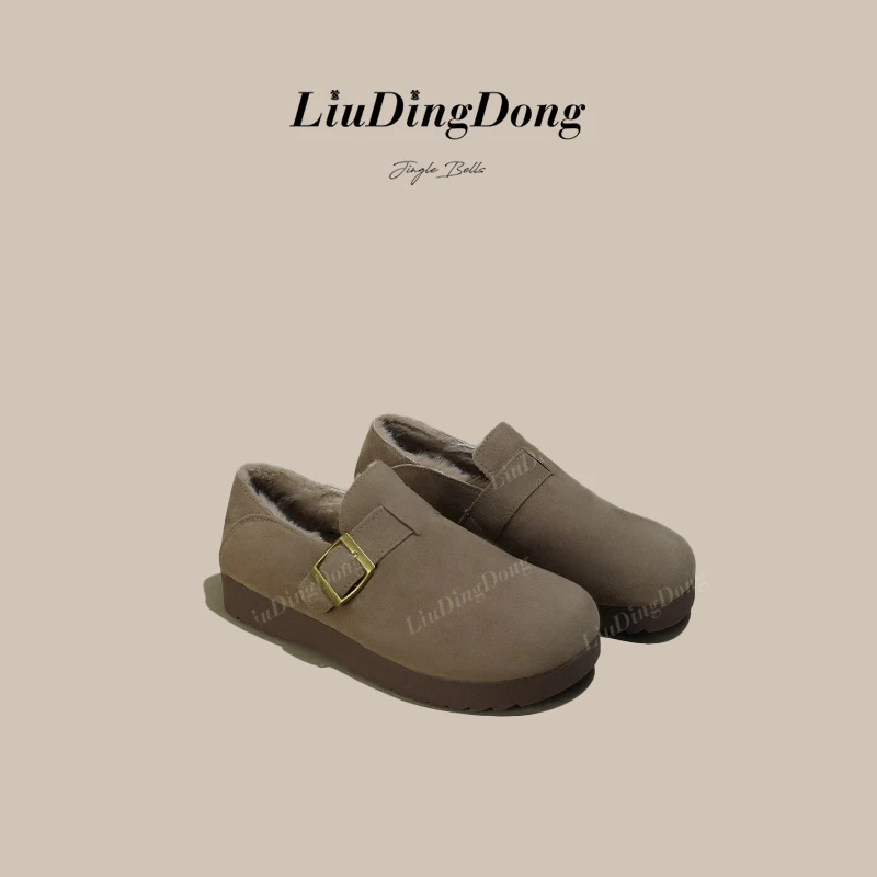 【刘叮咚女鞋】加绒全包复古勃肯鞋女2025新款一脚蹬棉鞋毛毛鞋