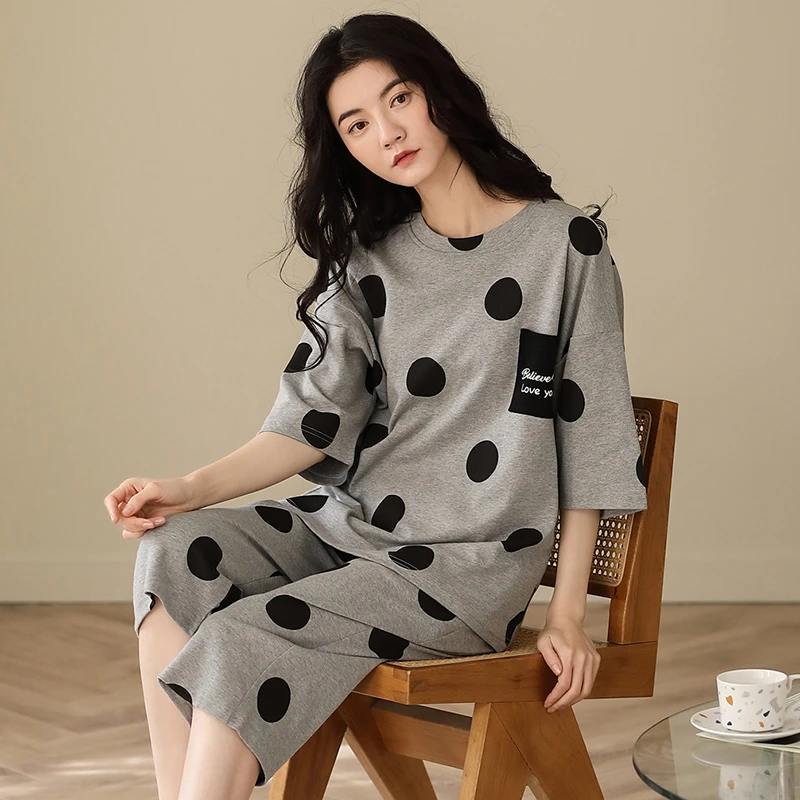 纯棉睡衣女短袖七分裤家居服套装灰色波点QH5298